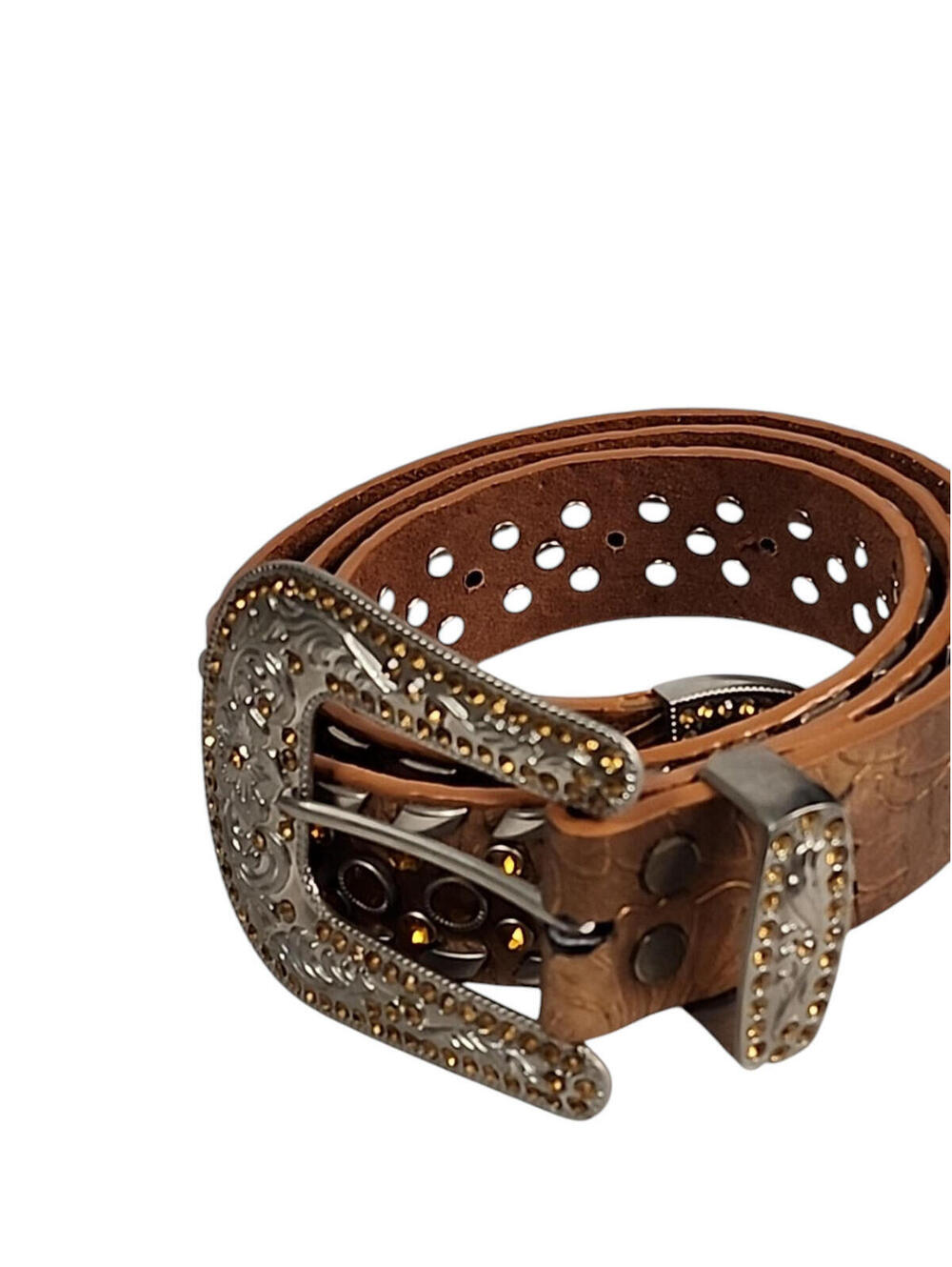 Montana West Bronze Brown Leather Belt Cowgirl Dark Amber Rhinestone Size 40"